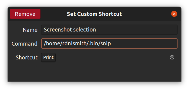 The Custom Shortcut dialog from Ubuntu's Keyboard Shortcuts settings.