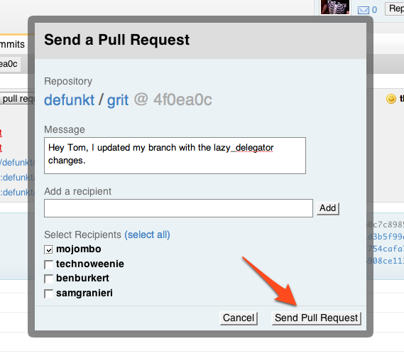 Early GitHub pull request creation dialog. It shows the user,
          repository, and head commit to pull from; has a multi-line text box to
          type a message; has another single-line text box to type a recipient's
          user name, with an Add button beside it; and has a list of suggested
          recipients with checkboxes to select them.