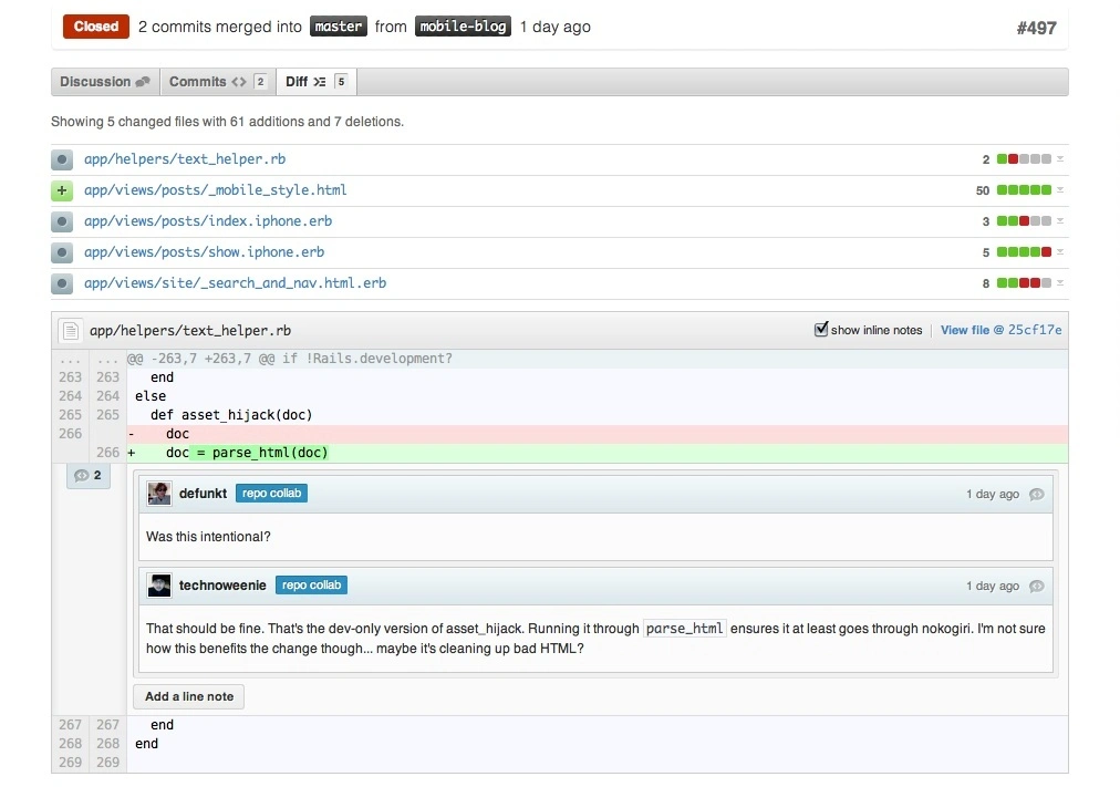 Pull request diff view circa 2011. One line of the diff has a
          review comment nested under it, and a reply beneath that.