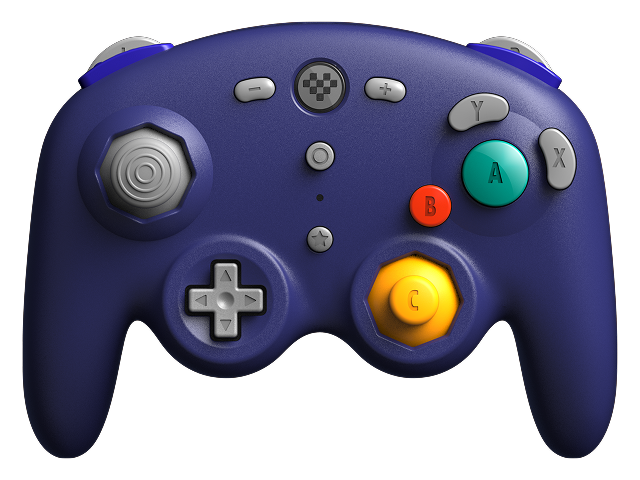 A video game controller featuring the approximate shape, button layout, and color scheme of the original indigo GameCube controller, but with some alterations. There is a center button emblazoned with the 8BitDo logo, with plus and minus buttons on either side. The space that would be a gap between the D-pad and C-stick on a GameCube controller is actually solid, and hosts a star button and what might be a small LED or perhaps a microphone hole. A left-hand shoulder button mirrors the right-hand Z-button.